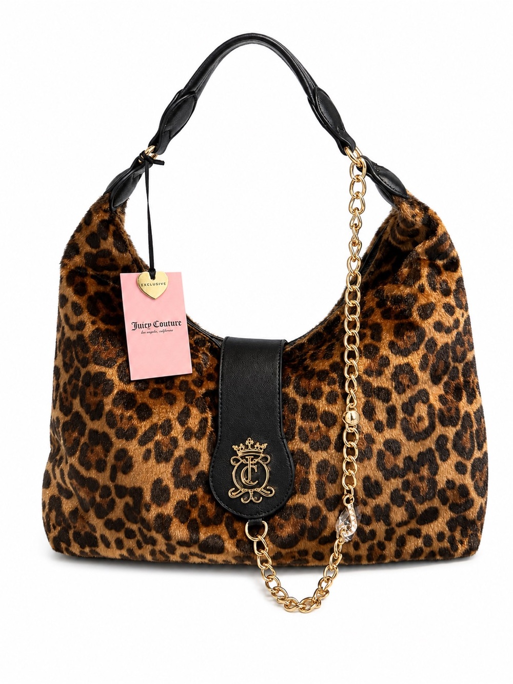 Juicy Couture Leopard Print Shoulder Bag with Black Trim and Gold Chain